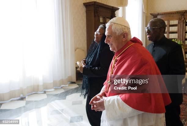 Pope Benedict XVI meets with the President of Suriname Ronald Venetiaan and his wife Liesbeth Venetiaan at his private library on November 20, 2009...