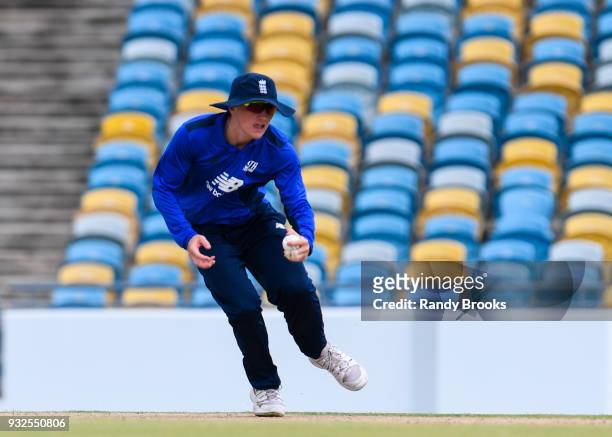 Dom Bess of South fielding during the ECB North v South Series warm up game between South and Barbados XI at Kensington Oval on March 15, 2018 in...
