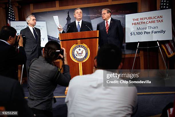 Sen. Jack Reed , Senate Majority Whip Richard Durbin and Sen. Robert Menendez hold a news conference about health care at the U.S. Capitol November...