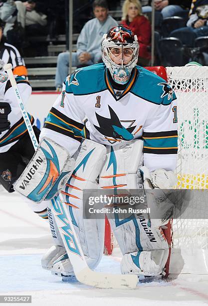 Thomas Greiss of the San Jose Sharks minds the net against the Nashville Predators on November 17, 2009 at the Sommet Center in Nashville, Tennessee.