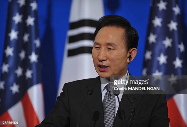 South Korean President Lee Myung-Bak speaks during a joint press conference with US President Barack Obama after their bilateral meeting at the...