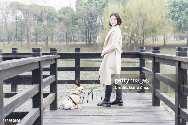 young woman walking her dog on footbridge - chinese bulldog stock pictures, royalty-free photos & images