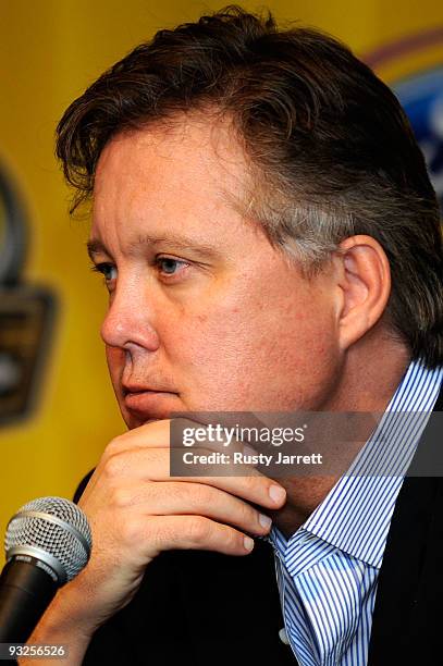 Chairman and CEO Brian France speaks to the media during practice for the NASCAR Sprint Cup Series Ford 400 at Homestead-Miami Speedway on November...