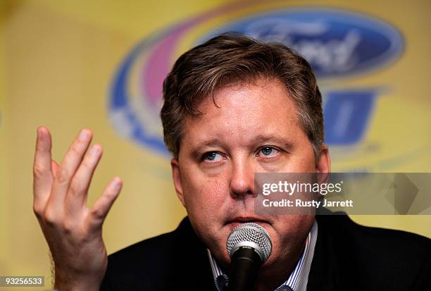 Chairman and CEO Brian France speaks to the media during practice for the NASCAR Sprint Cup Series Ford 400 at Homestead-Miami Speedway on November...