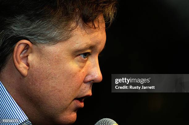 Chairman and CEO Brian France speaks to the media during practice for the NASCAR Sprint Cup Series Ford 400 at Homestead-Miami Speedway on November...