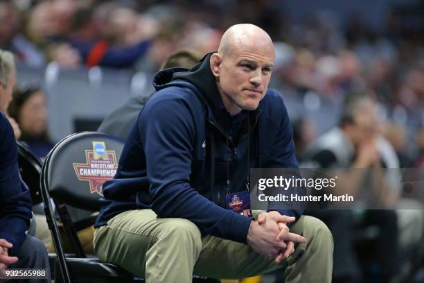 Head coach Cael Sanderson of the Penn State Nittany Lions watches a match during session one of the NCAA Wrestling Championships on March 15, 2018 at...