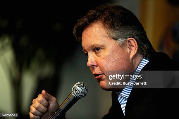 Chairman and CEO Brian France speaks to the media during practice for the NASCAR Sprint Cup Series Ford 400 at Homestead-Miami Speedway on November...