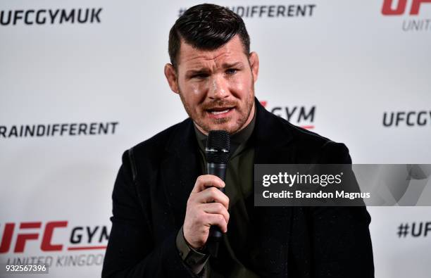 Michael Bisping of England speaks to the media during the UFC Gym Press Conference in Glaziers Hall on March 15, 2018 in London, England.