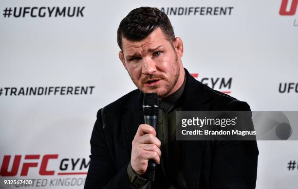 Michael Bisping of England speaks to the media during the UFC Gym Press Conference in Glaziers Hall on March 15, 2018 in London, England.