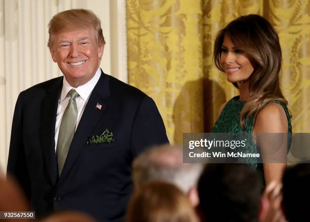 President Donald Trump and first lady Melania Trump arrive at an event with Irish Prime Minister Leo Varadkar March 15, 2018 in Washington, DC....