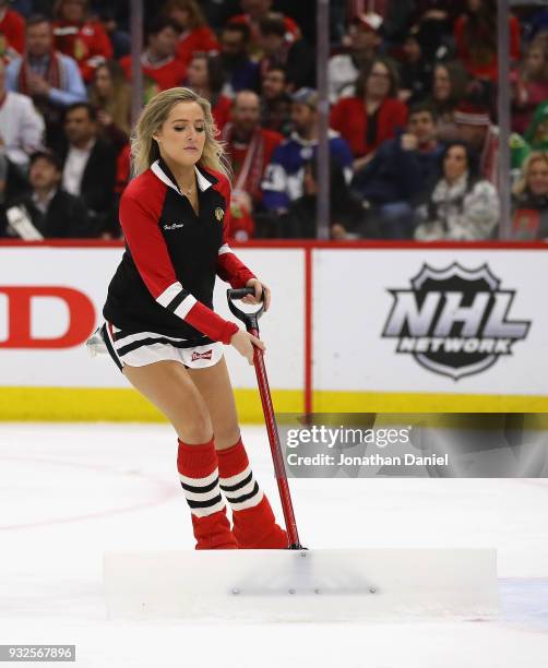 Member of the Chicago Blackhawks Ice Crew works during a timeout of the game against the Toronto Maple Leafs at the United Center on January 24, 2018...