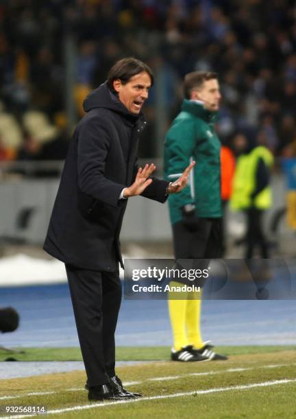 Head coach of Lazio Simone Inzagh is seen during the Europa League round 16 second second leg football match between FC Dynamo Kyiv and SS Lazio at...