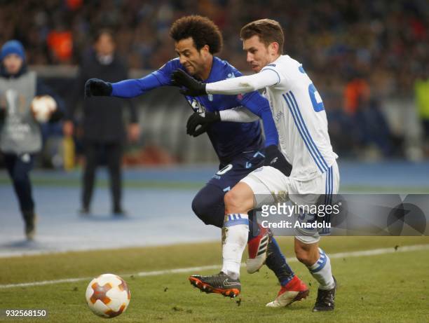 Felipe Anderson of Lazio in action against Josip Pivaric of Dynamo Kyiv during the Europa League round 16 second second leg football match between FC...