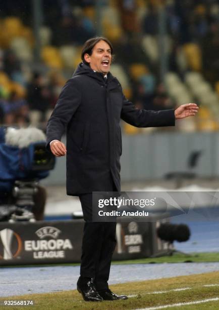 Head coach of Lazio Simone Inzagh gestures during the Europa League round 16 second second leg football match between FC Dynamo Kyiv and SS Lazio at...