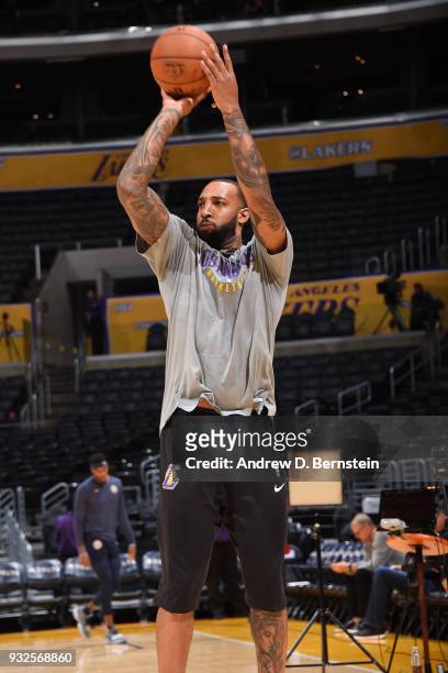 Derrick Williams of the Los Angeles Lakers warms up before the game against the Denver Nuggets on March 13, 2018 at STAPLES Center in Los Angeles,...
