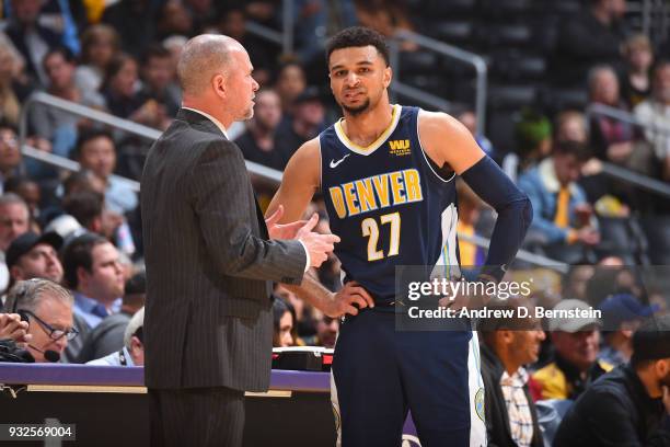 Jamal Murray and Head Coach Michael Malone of the Denver Nuggets talk during the game against the Los Angeles Lakers on March 13, 2018 at STAPLES...