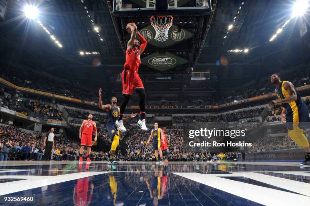 Malcolm Miller of the Toronto Raptors dunks the ball against the Indiana Pacers on March 15, 2018 at Bankers Life Fieldhouse in Indianapolis,...