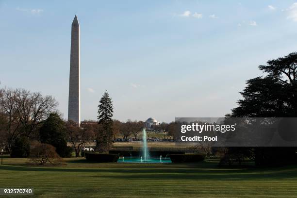 The Rose Garden fountain colored green for the arrival of Prime Minister Leo Varadkar of Ireland at the White House on March 15, 2018 in Washington,...