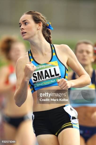 Keely Small of the ACT celebrates winning the Women Under 18 800 Metre final during day three of the Australian Junior Athletics Championships at...