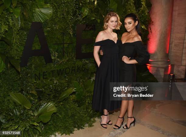 Actresses Elizabeth Lail and Shay Mitchell attend the 2018 A+E Upfront on March 15, 2018 in New York City.