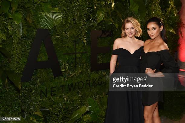Actresses Elizabeth Lail and Shay Mitchell attend the 2018 A+E Upfront on March 15, 2018 in New York City.