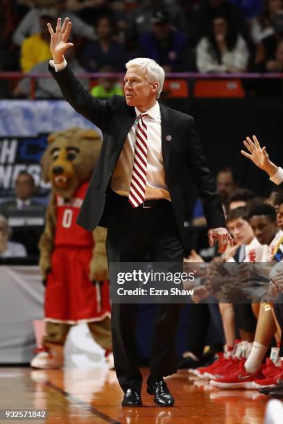 Head coach Bob McKillop of the Davidson Wildcats reacts in the first half against the Kentucky Wildcats during the first round of the 2018 NCAA Men's...