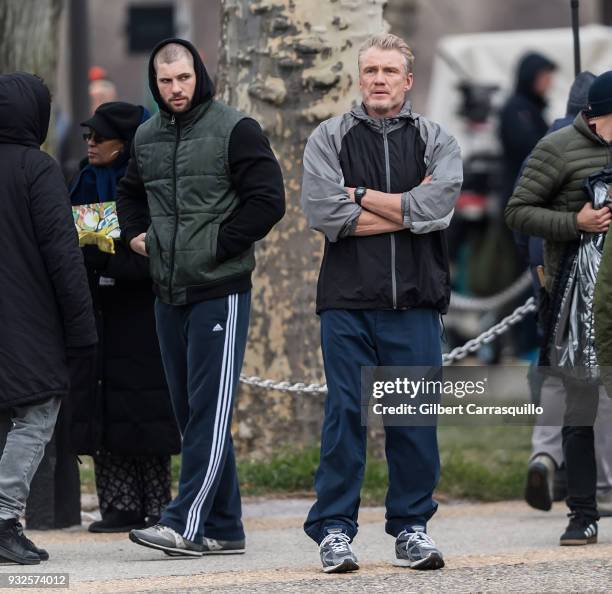 Actors Florian Munteanu and Dolph Lundgren are seen on set filming 'Creed II' at the Rocky Statue and the 'Rocky Steps' at The Philadelphia Museum of...