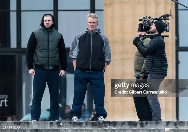 Actors Florian Munteanu and Dolph Lundgren are seen on set filming 'Creed II' at the Rocky Statue and the 'Rocky Steps' at The Philadelphia Museum of...