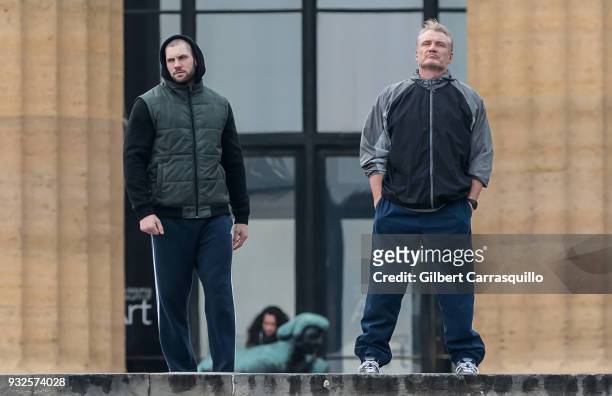 Actors Florian Munteanu and Dolph Lundgren are seen on set filming 'Creed II' at the Rocky Statue and the 'Rocky Steps' at The Philadelphia Museum of...