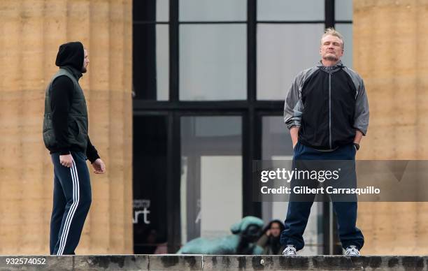 Actors Florian Munteanu and Dolph Lundgren are seen on set filming 'Creed II' at the Rocky Statue and the 'Rocky Steps' at The Philadelphia Museum of...