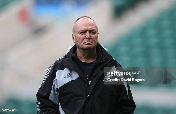 Graham Henry, the All Black head coach watches his team during the New Zealand All Blacks training session held at Twickenham Stadium on November 20,...