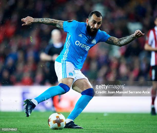 Kostas Mitroglou of Marseille controls the ball during UEFA Europa League Round of 16 match between Athletic Club Bilbao and Olympique Marseille at...