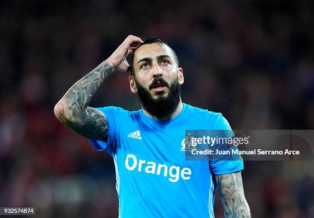 Kostas Mitroglou of Marseille reacts during UEFA Europa League Round of 16 match between Athletic Club Bilbao and Olympique Marseille at the San...