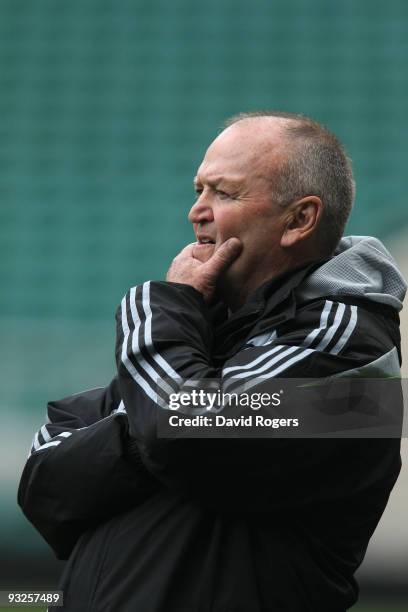 Graham Henry, the All Black head coach, watches his team during the New Zealand All Blacks training session held at Twickenham Stadium on November...