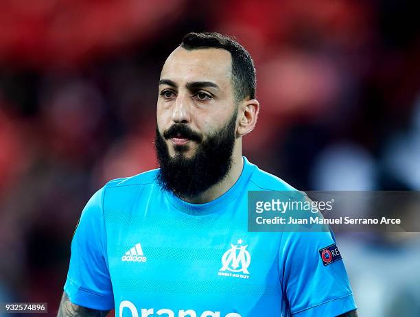 Kostas Mitroglou of Marseille reacts during UEFA Europa League Round of 16 match between Athletic Club Bilbao and Olympique Marseille at the San...