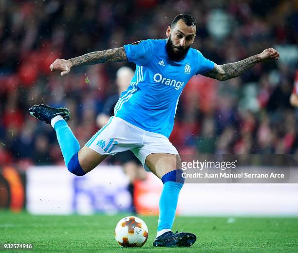 Kostas Mitroglou of Marseille controls the ball during UEFA Europa League Round of 16 match between Athletic Club Bilbao and Olympique Marseille at...