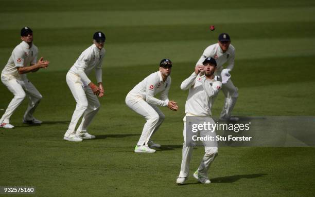 England slip fielder James Vince drops a catch during day one of the Test warm up match between England and New Zealand Cricket XI at Seddon Park on...