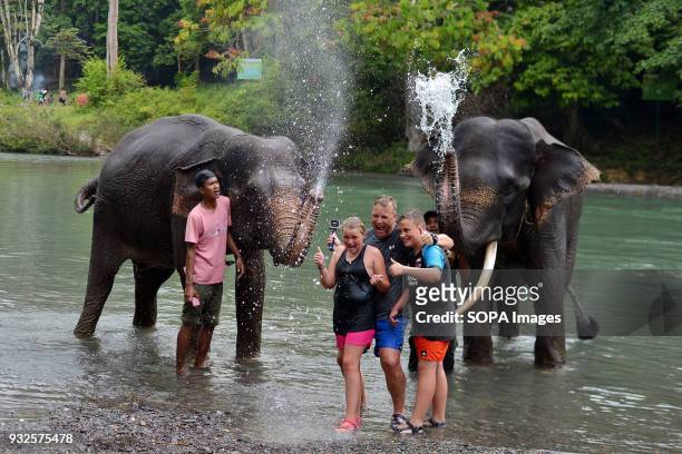 Group of tourist seen having fun with elephants. At Elephant and Ecotourism Gunung Leuser National Park tourists can help bathing elephants on the...