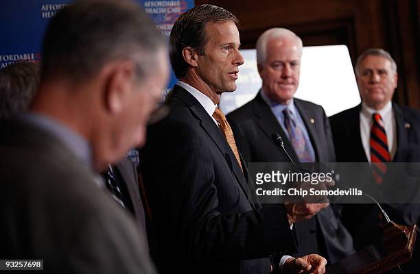 Sen. John Thune delivers remarks during a news conference about health care reform with Sen. John Cornyn and Sen. Jon Kyl at the U.S. Capitol...