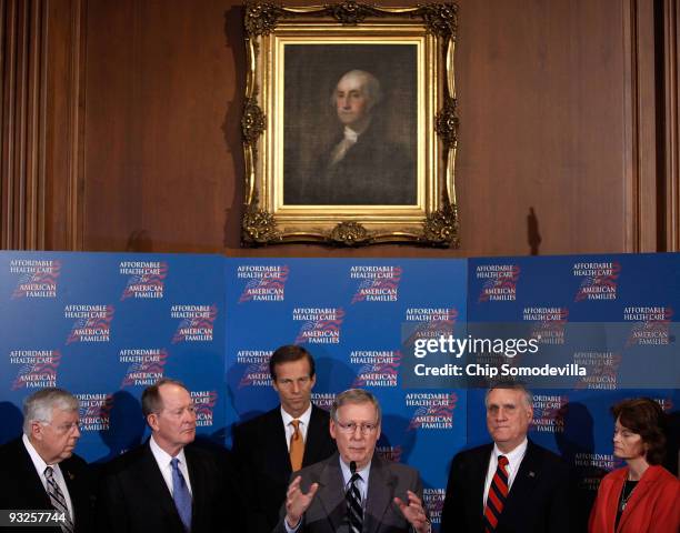 Sen. Michael Enzi , Sen. Lamar Alexander , Sen. John Thune , Senate Minority Leader Mitch McConnell , Sen. Jon Kyl and Sen. Lisa Murkowski hold a...