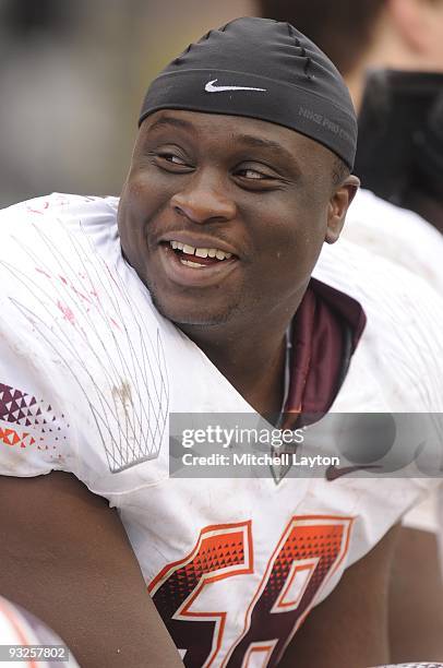 Jaymes Brooks of the Virginia Tech Hokies looks on during a college football game against the Maryland Terrapins on November14, 2009 at Capital One...