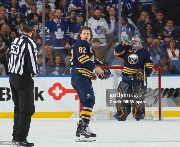 Nathan Beaulieu of the Buffalo Sabres leaves the ice following a fight against the Toronto Maple Leafs during an NHL game on March 15, 2018 at...