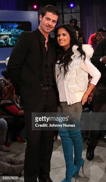 Robin Thicke and "106 & Park" host Rocsi visit BET's "106 & Park" at BET Studios on November 19, 2009 in New York City.