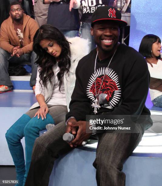 Park host Rocsi and 50 Cent visit BET's "106 & Park" at BET Studios on November 19, 2009 in New York City.