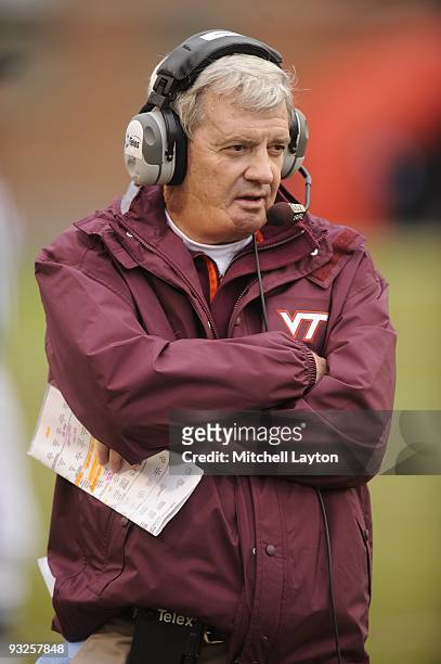 Frank Beamer, head coach of the Virginia Tech Hokies, looks on during a college football game against the Maryland Terrapins on November14, 2009 at...