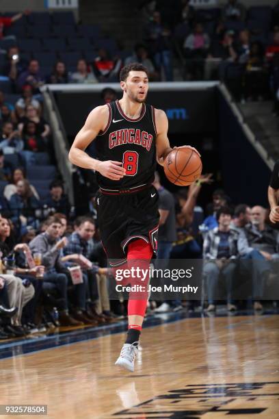Zach LaVine of the Chicago Bulls handles the ball during the game against the Memphis Grizzlies on March 15, 2018 at FedExForum in Memphis,...