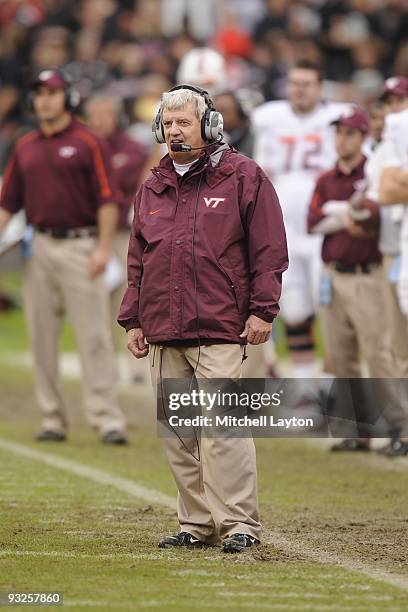 Frank Beamer, head coach of the Virginia Tech Hokies, looks on during a college football game against the Maryland Terrapins on November14, 2009 at...