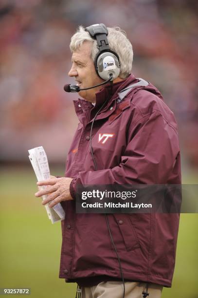 Frank Beamer, head coach of the Virginia Tech Hokies, looks on during a college football game against the Maryland Terrapins on November14, 2009 at...