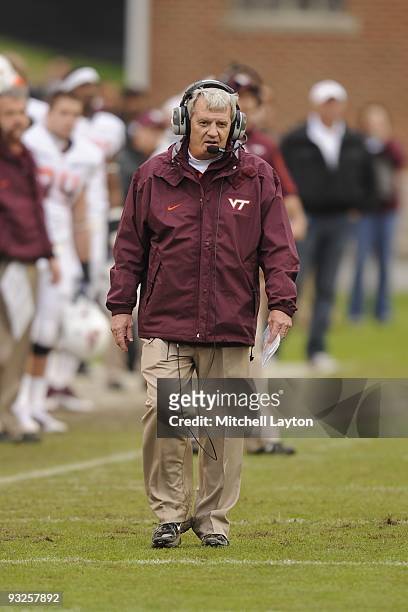 Frank Beamer, head coach of the Virginia Tech Hokies, looks on during a college football game against the Maryland Terrapins on November14, 2009 at...