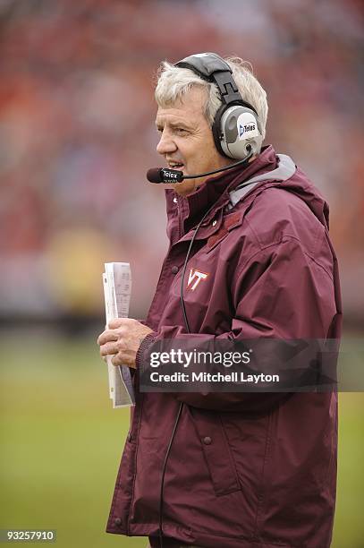 Frank Beamer, head coach of the Virginia Tech Hokies, looks on during a college football game against the Maryland Terrapins on November14, 2009 at...